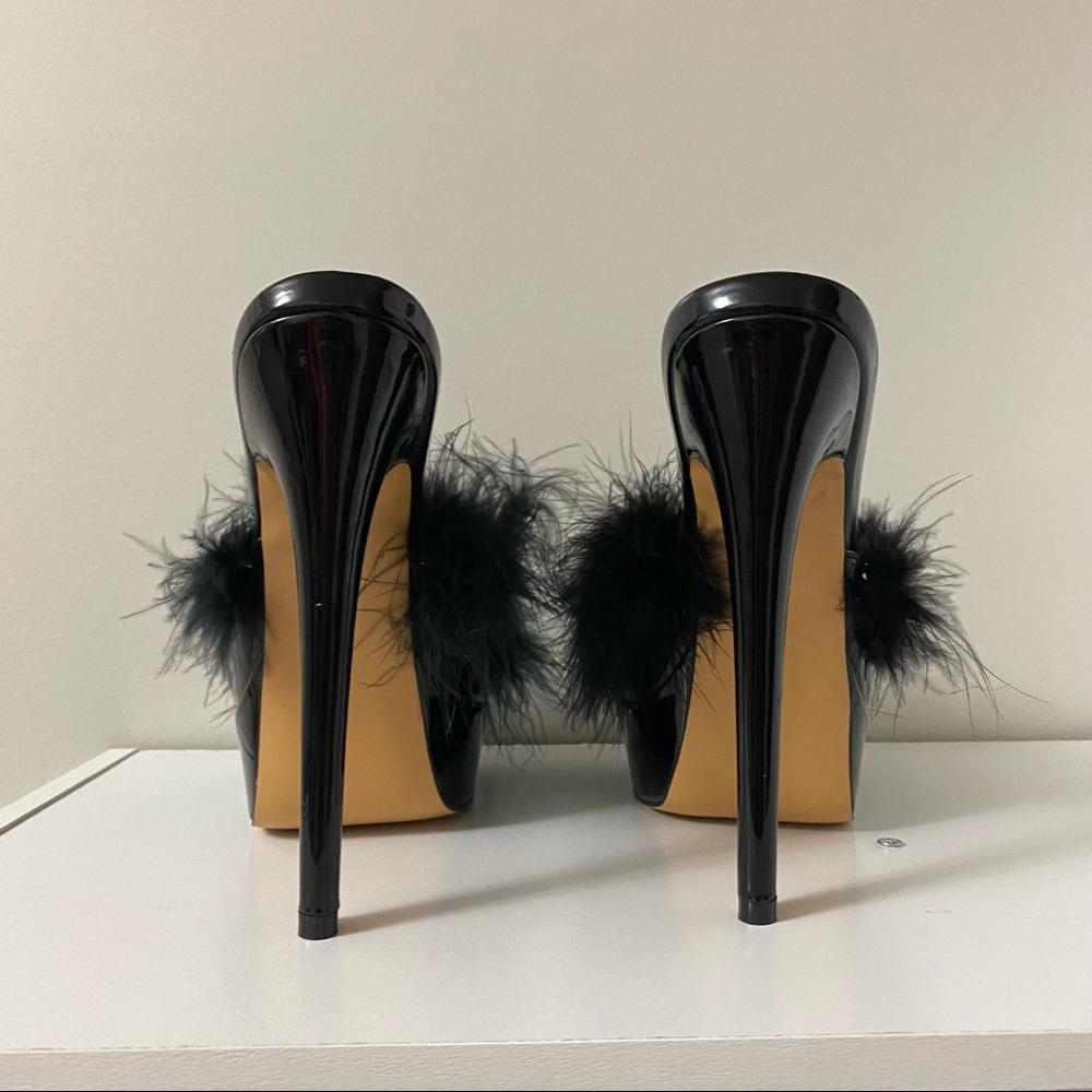 Black Patent Maribou Feather Mules Dancer Heels 41 Boudoir - Picture 2 of 6